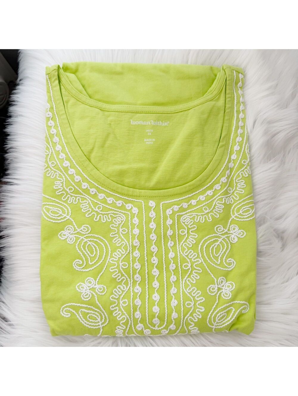 Woman Within 3X 30/32 Lime Green White Embroidered Cotton Tunic Top NWOT